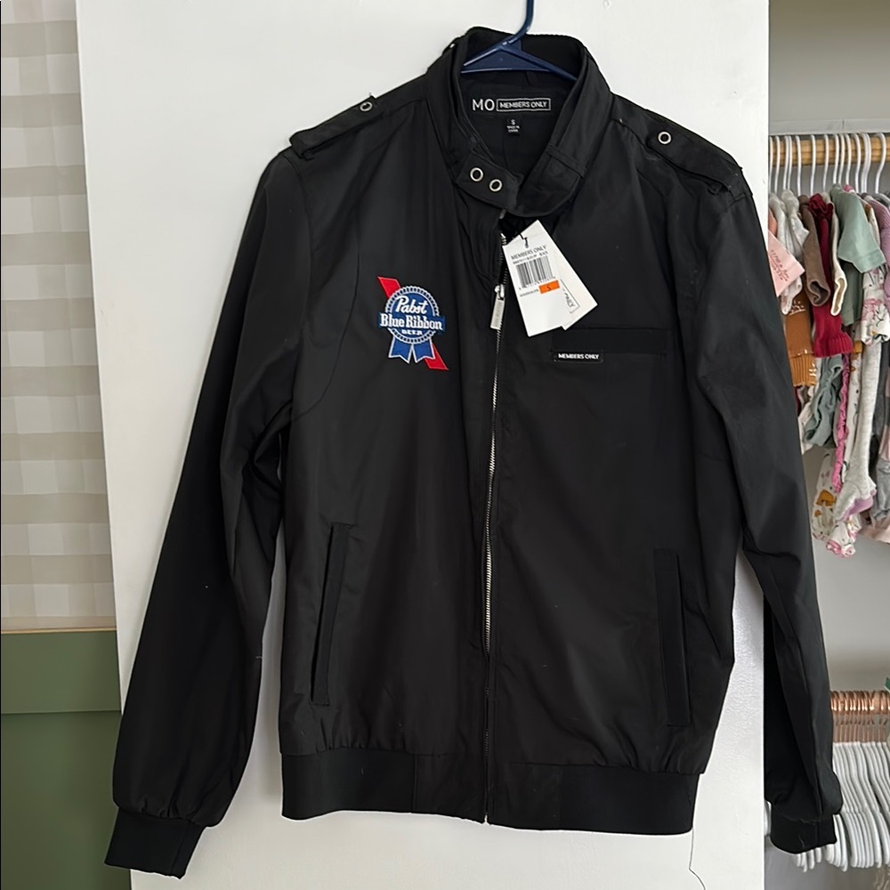 Black Members Only Jacket with Pabst Blue Ribbon Logo